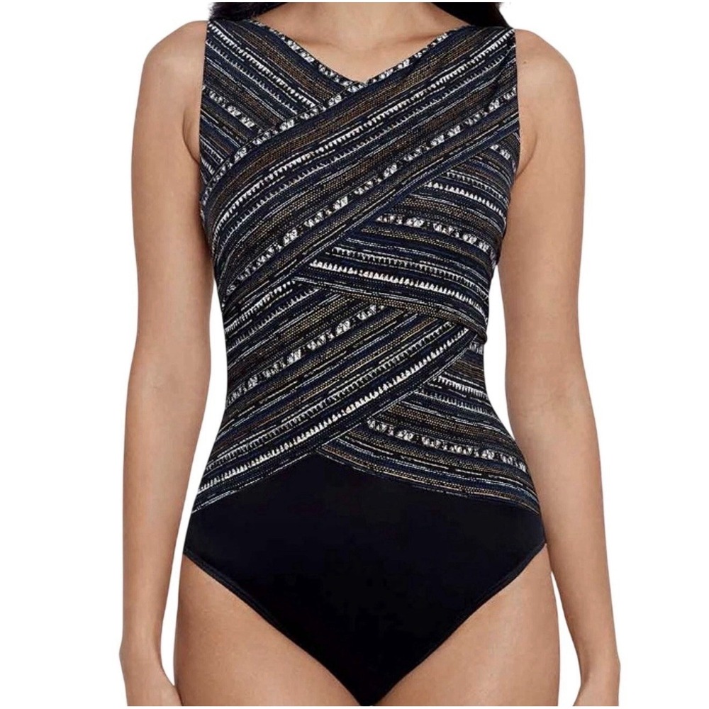 Miraclesuit Brio One Piece Swimsuit Cypher Black Multi US Size 10 Tummy Control